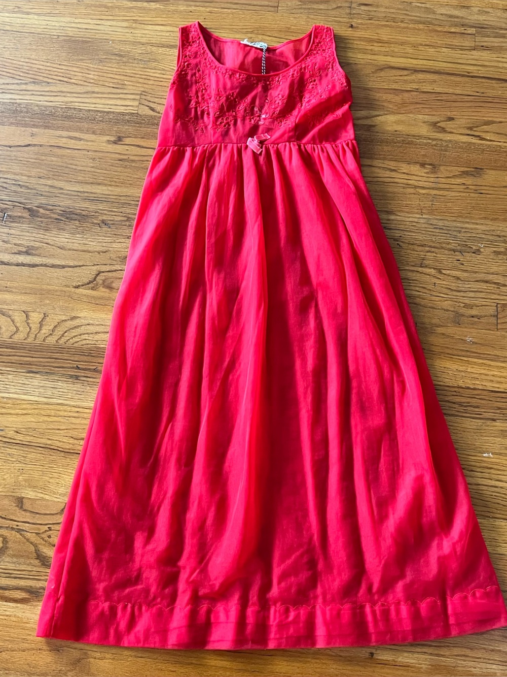 Vintage Red Sleeveless Maxi Chemise with Embroidered Bodice